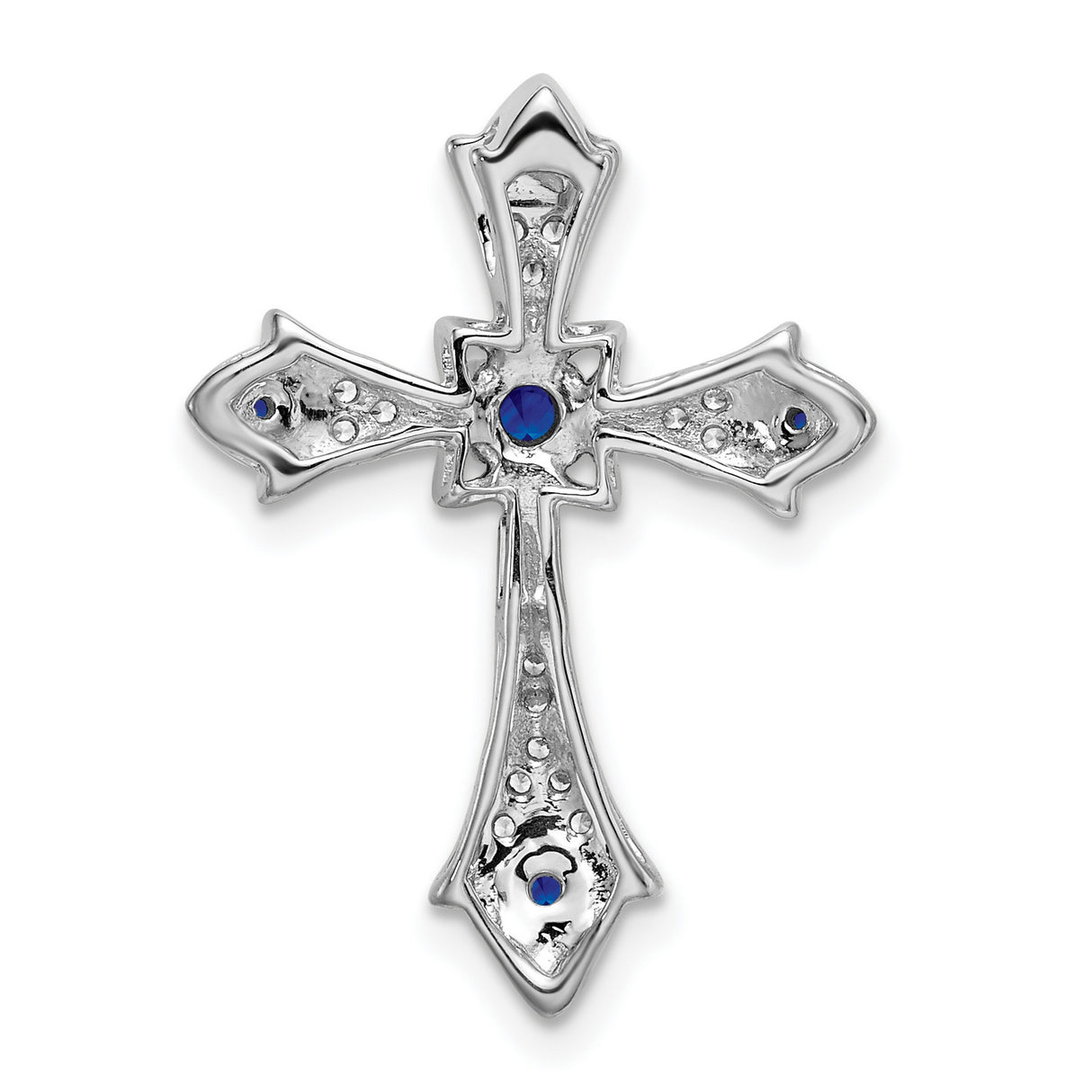 10k White Gold Cross Pendant with Sapphire and Diamond, Fleur de Lis Design