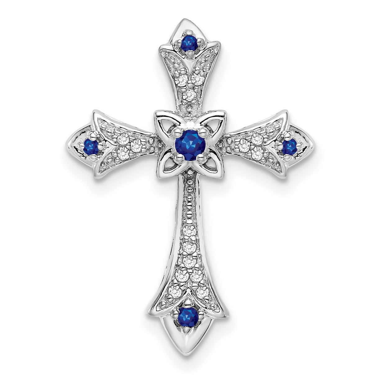 10k White Gold Cross Pendant with Sapphire and Diamond, Fleur de Lis Design