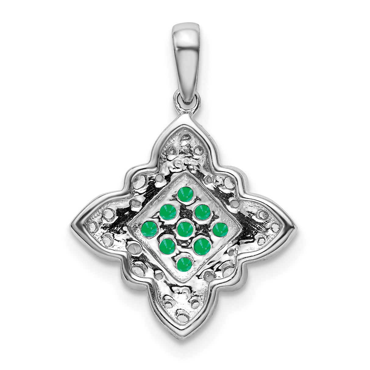 14k White Gold Pendant with Emerald and Diamond, Geometric Floral Design