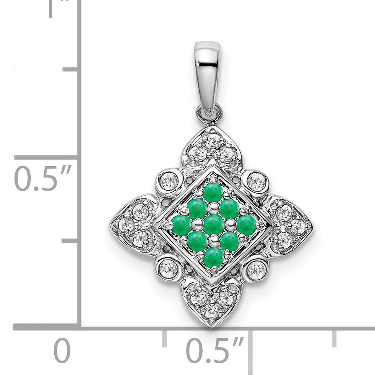 14k White Gold Pendant with Emerald and Diamond, Geometric Floral Design