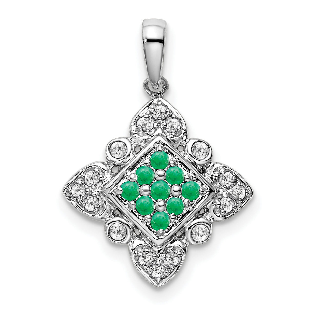 14k White Gold Pendant with Emerald and Diamond, Geometric Floral Design