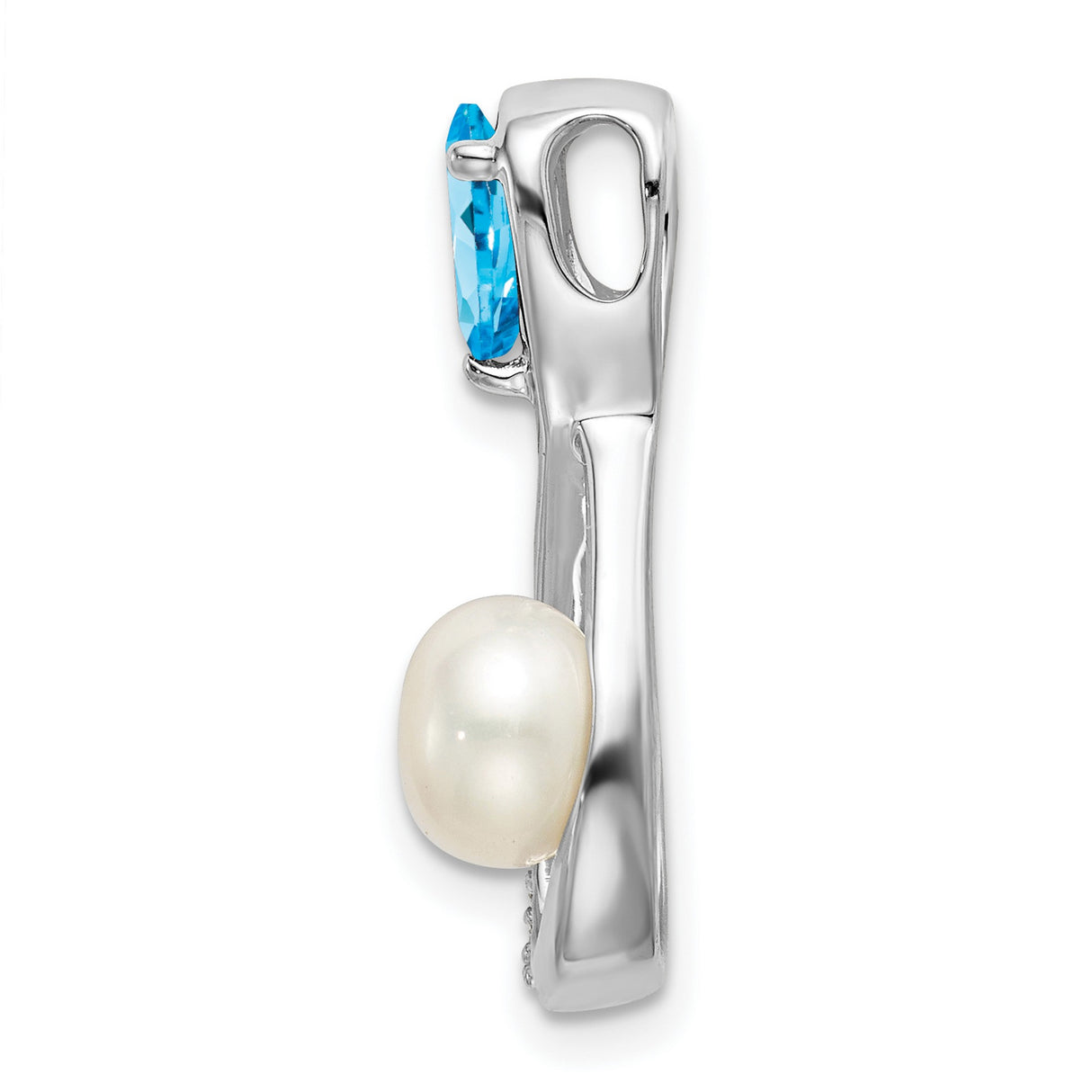 14k White Gold Infinity Pendant with White Pearl, Swiss Blue Topaz, and Diamond Accents