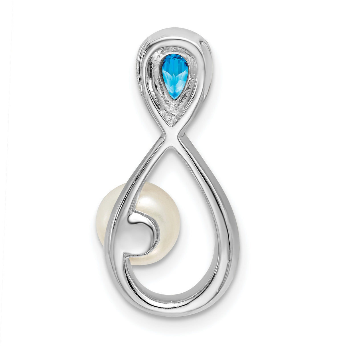 14k White Gold Infinity Pendant with White Pearl, Swiss Blue Topaz, and Diamond Accents