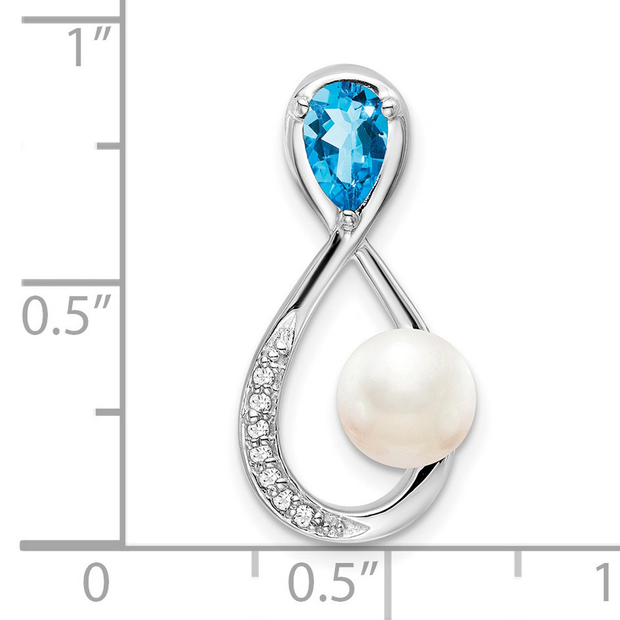 14k White Gold Infinity Pendant with White Pearl, Swiss Blue Topaz, and Diamond Accents