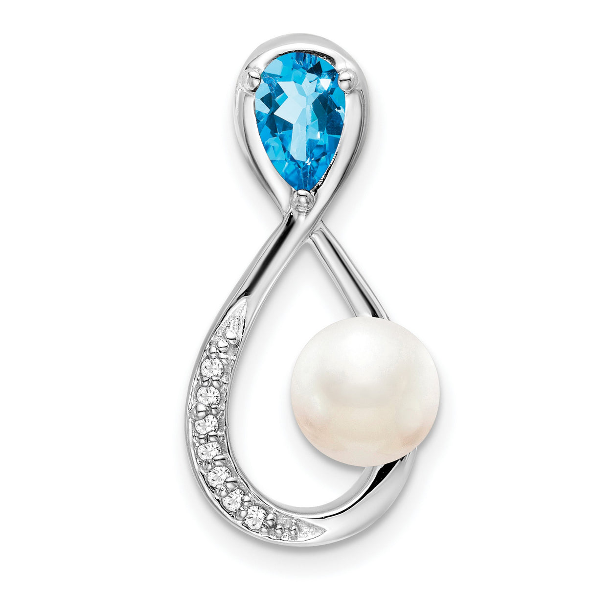 14k White Gold Infinity Pendant with White Pearl, Swiss Blue Topaz, and Diamond Accents