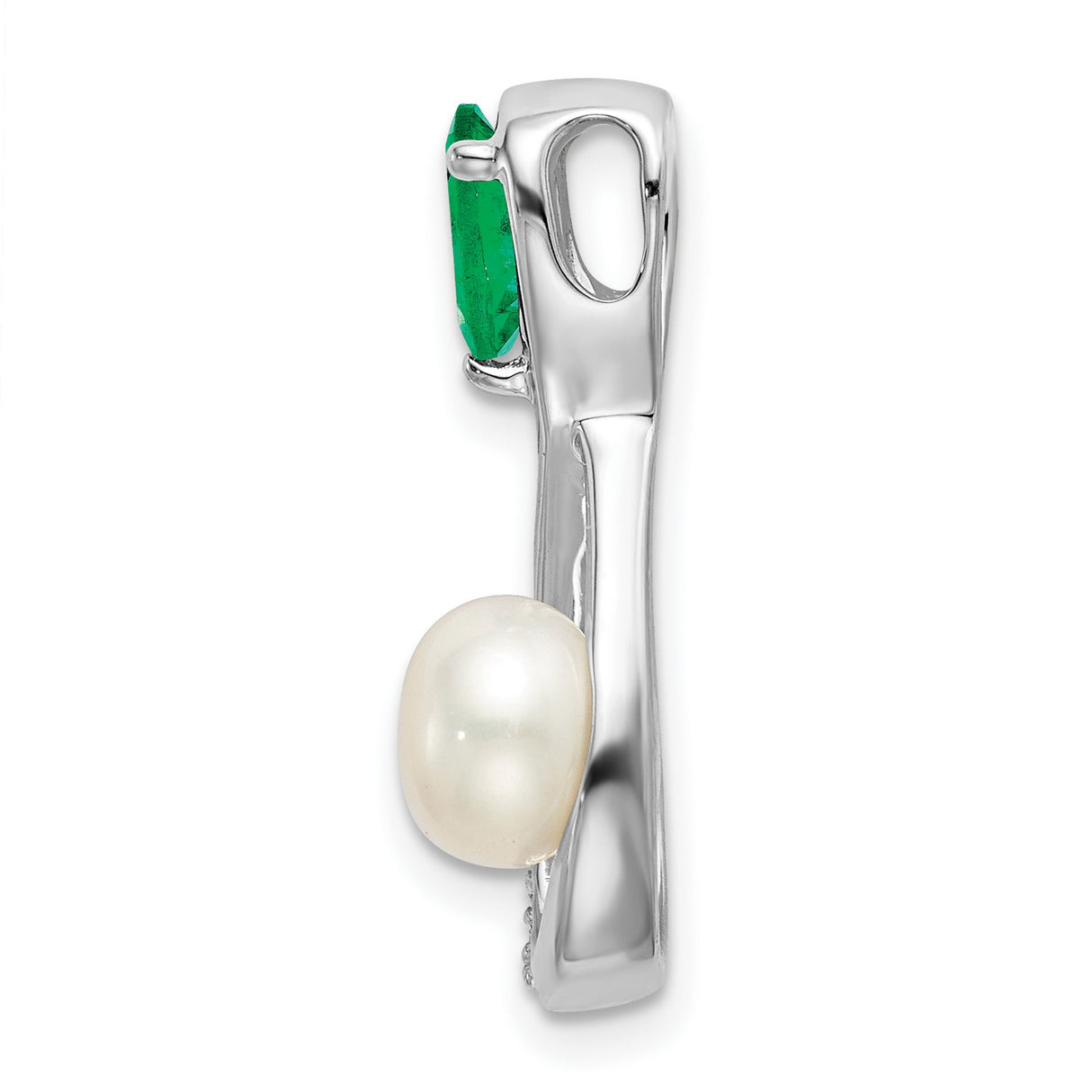 14k White Gold Pendant with Cultured Pearl, Green Emerald, and Diamond Accents in Infinity Design