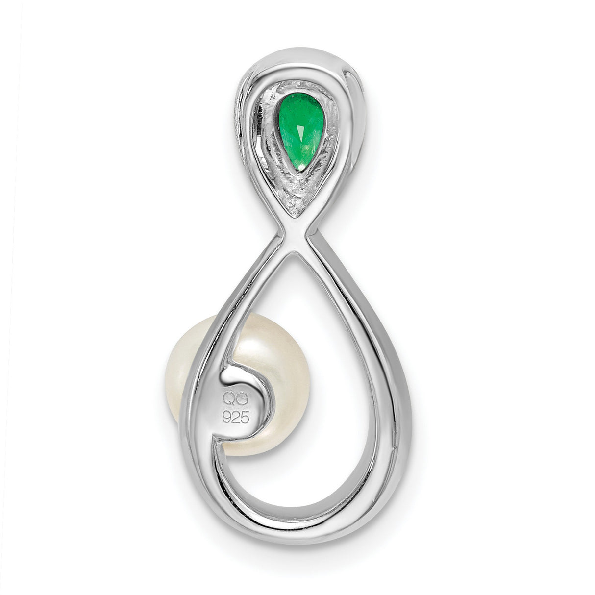 14k White Gold Pendant with Cultured Pearl, Green Emerald, and Diamond Accents in Infinity Design