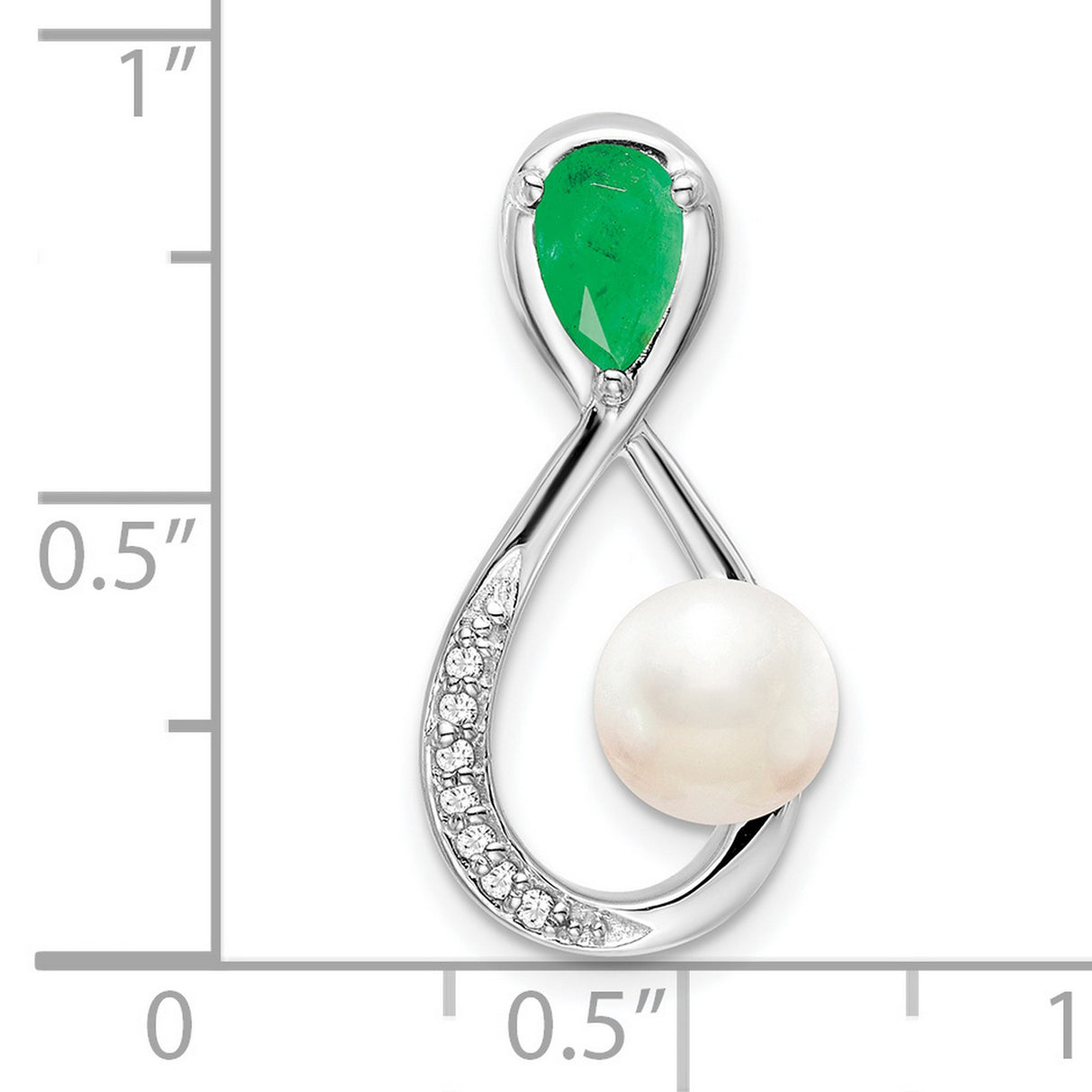 14k White Gold Pendant with Cultured Pearl, Green Emerald, and Diamond Accents in Infinity Design