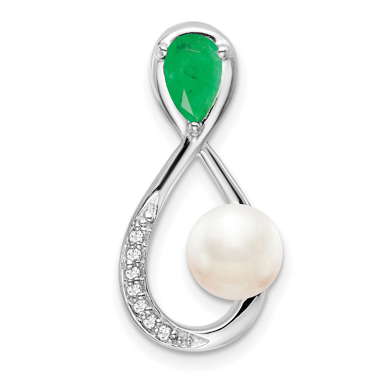 14k White Gold Pendant with Cultured Pearl, Green Emerald, and Diamond Accents in Infinity Design