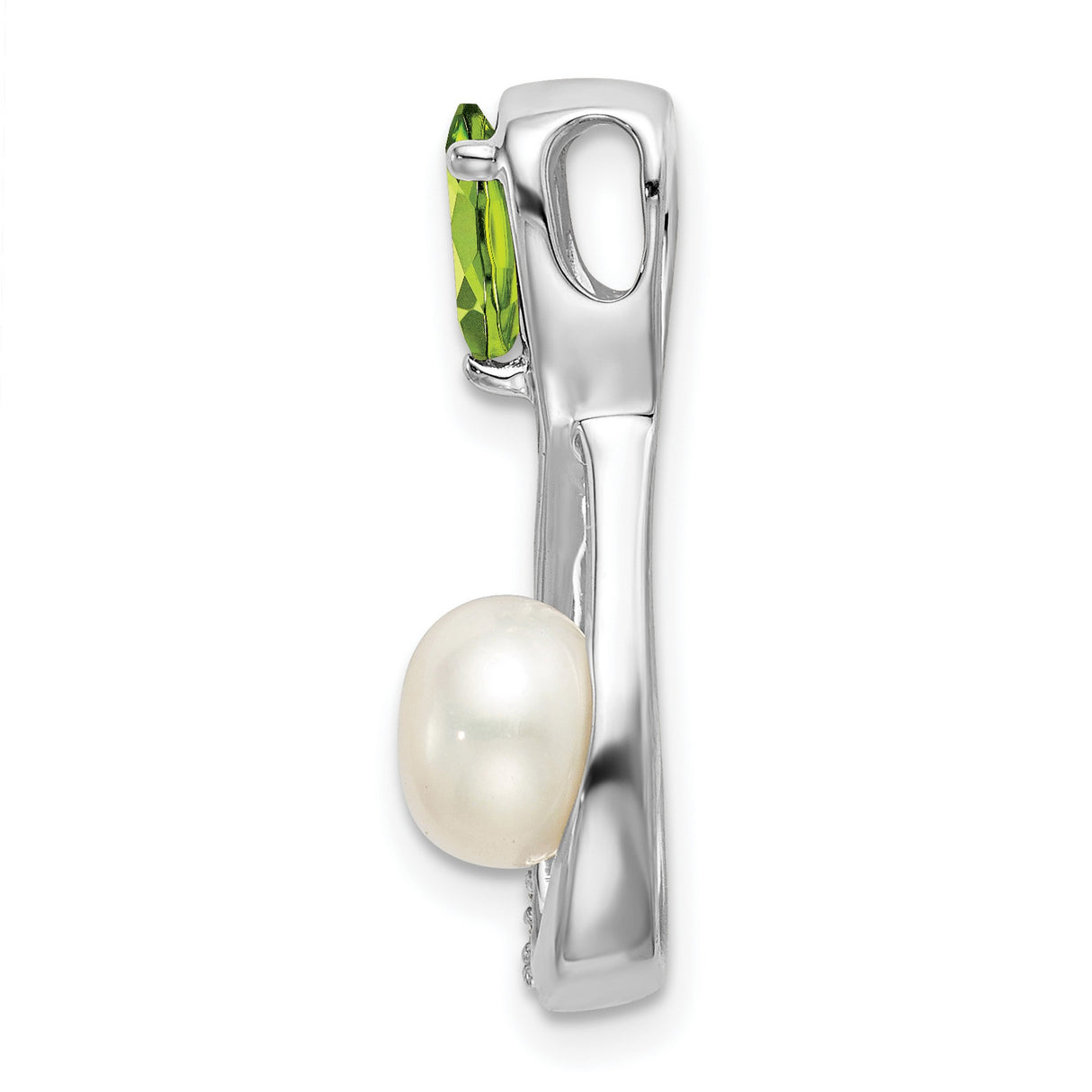 14k White Gold Infinity Pendant with White Pearl, Peridot, and Diamond Accents