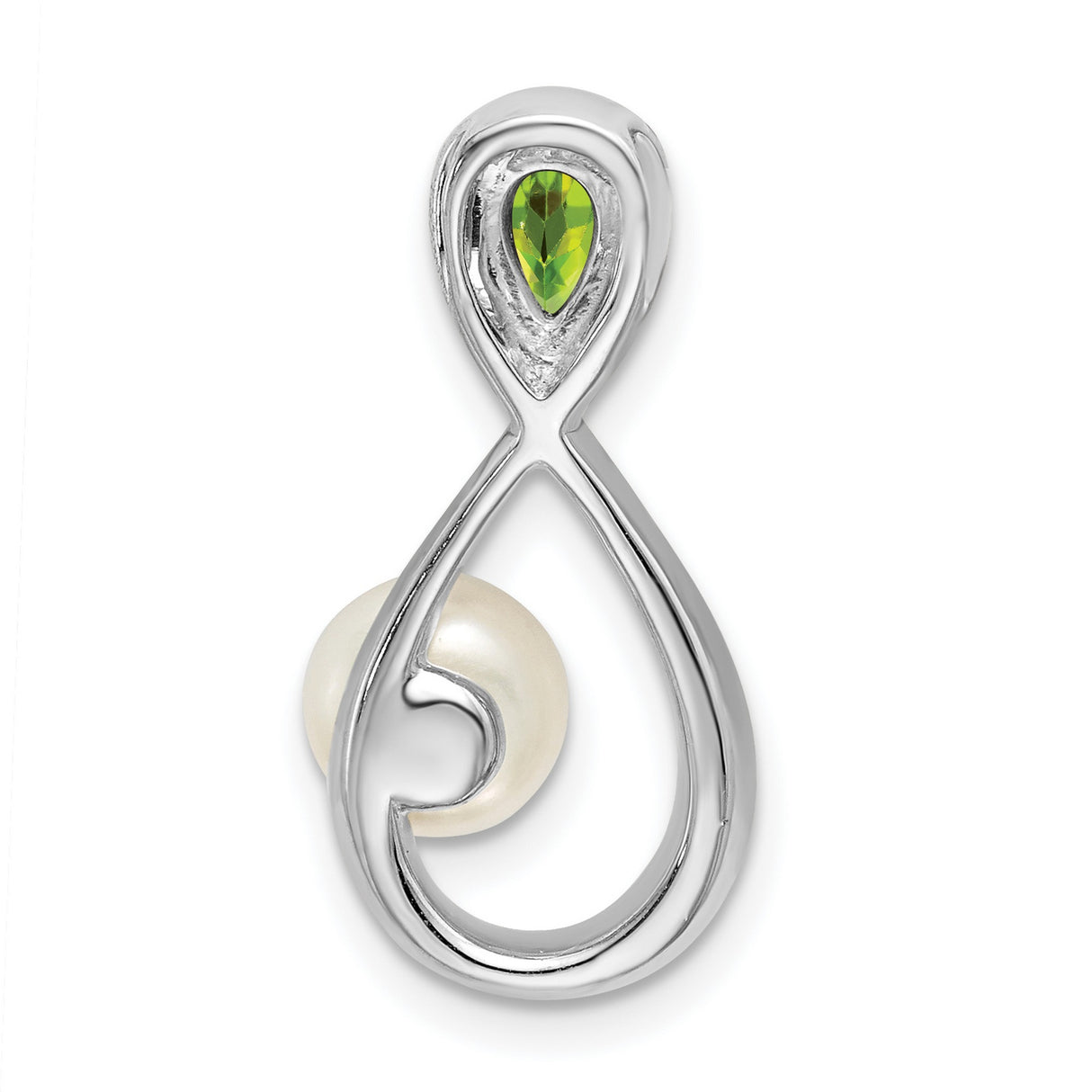 14k White Gold Infinity Pendant with White Pearl, Peridot, and Diamond Accents