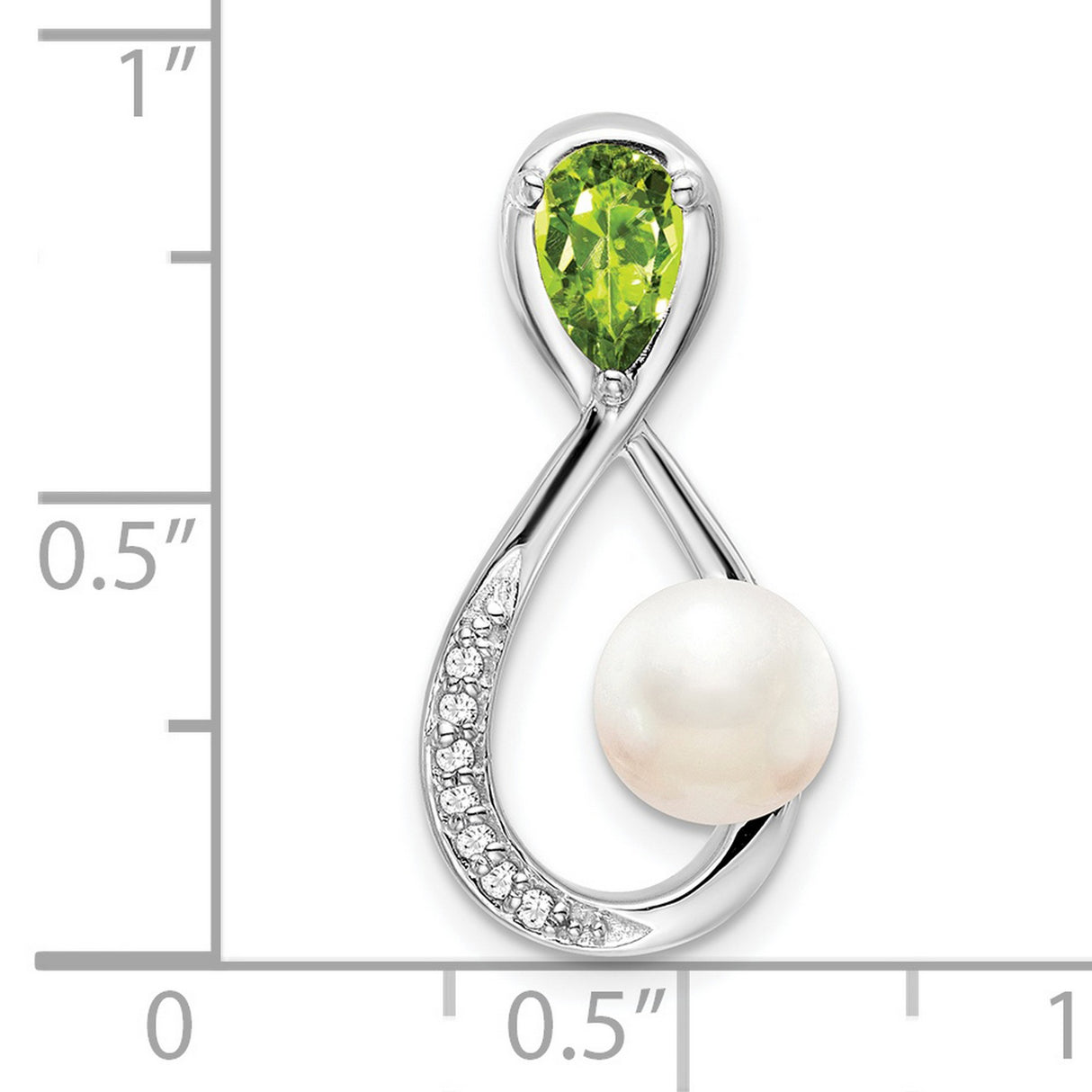 14k White Gold Infinity Pendant with White Pearl, Peridot, and Diamond Accents