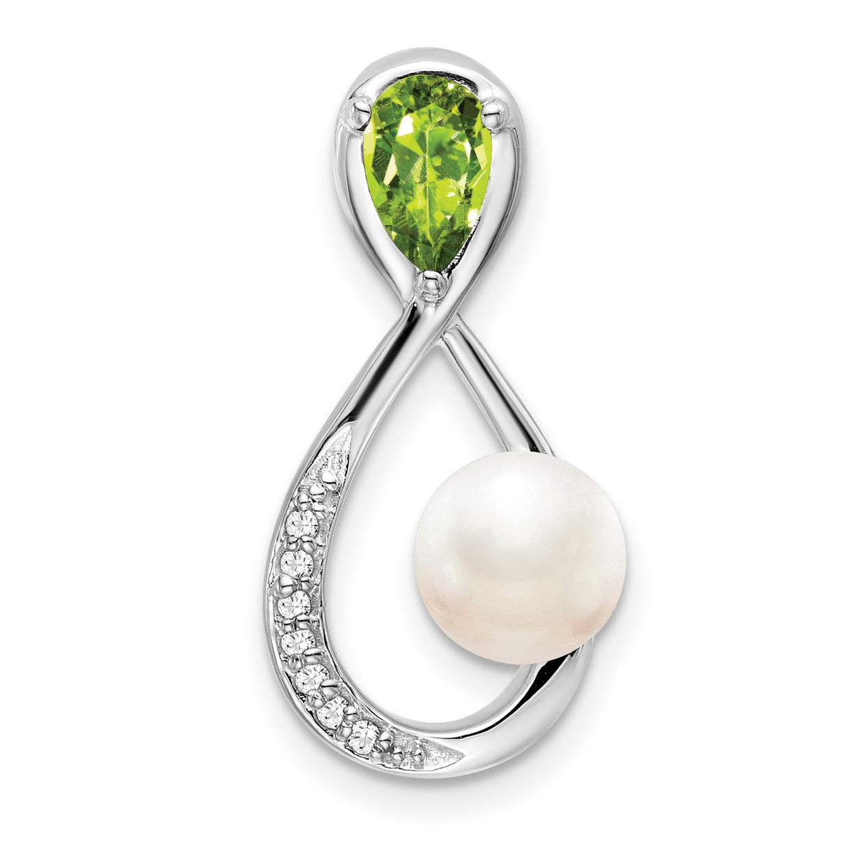14k White Gold Infinity Pendant with White Pearl, Peridot, and Diamond Accents