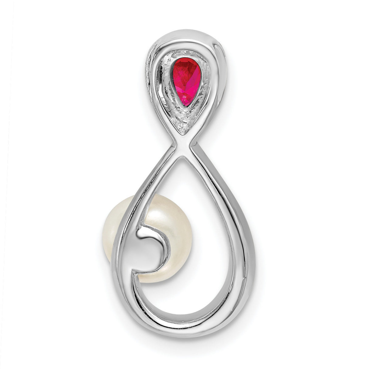 14k White Gold Pendant with Freshwater Pearl, Ruby, Diamond Accents, Teardrop Infinity Design