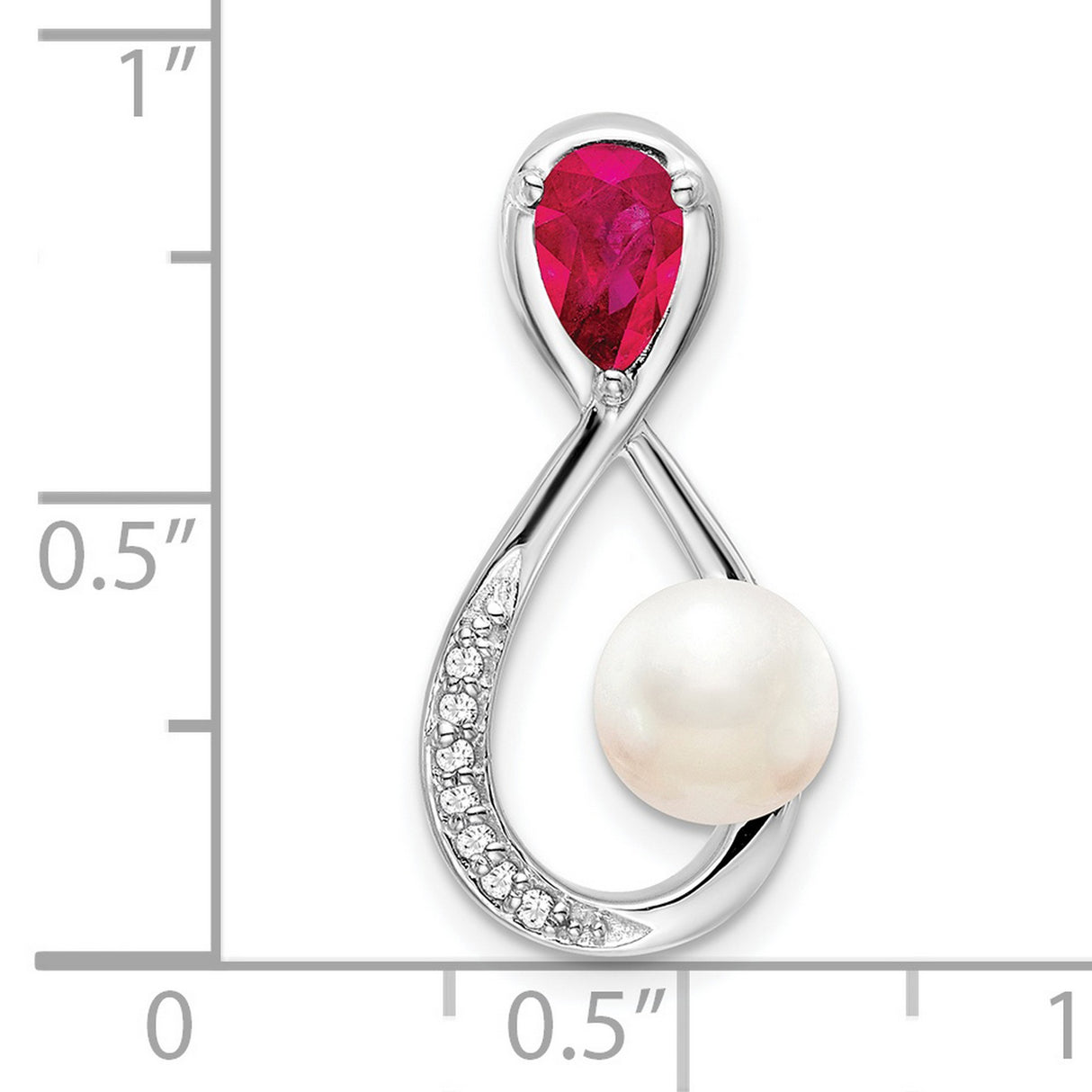 14k White Gold Pendant with Freshwater Pearl, Ruby, Diamond Accents, Teardrop Infinity Design