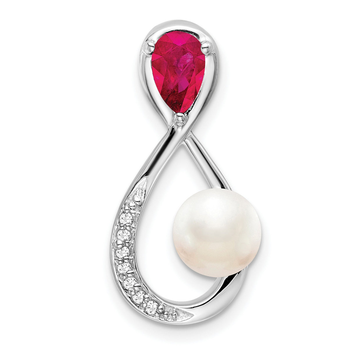14k White Gold Pendant with Freshwater Pearl, Ruby, Diamond Accents, Teardrop Infinity Design