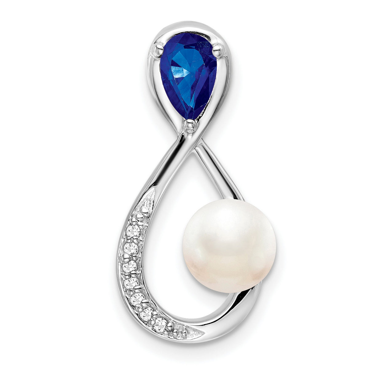 14k White Gold Infinity Pendant with Freshwater Pearl, Sapphire, and Diamond Accents