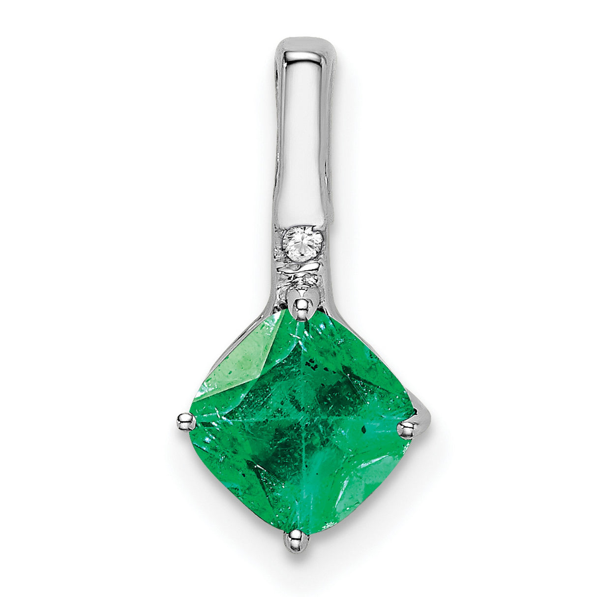 14k White Gold Pendant with Square Cut Emerald and Diamond Accent
