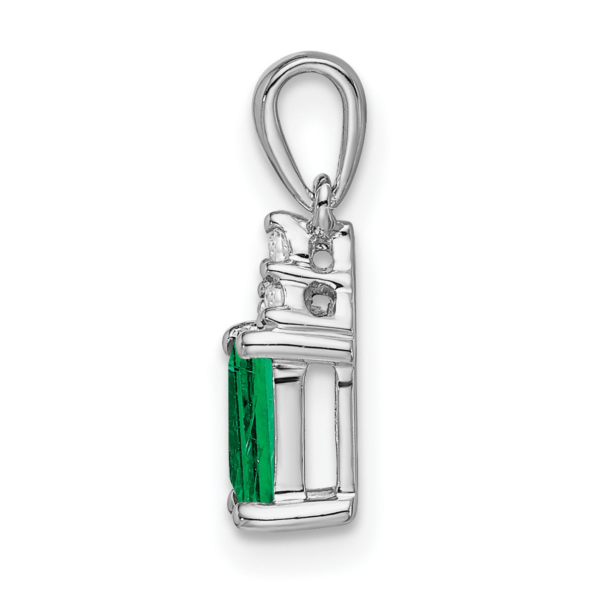 14k White Gold Pendant with Emerald Cut Green Emerald and Diamond Accents