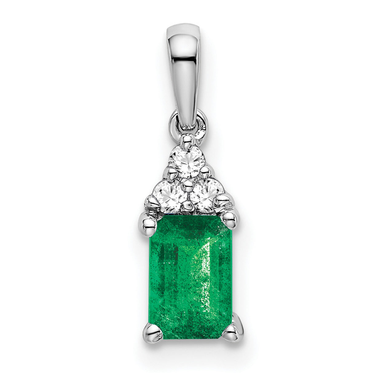 14k White Gold Pendant with Emerald Cut Green Emerald and Diamond Accents