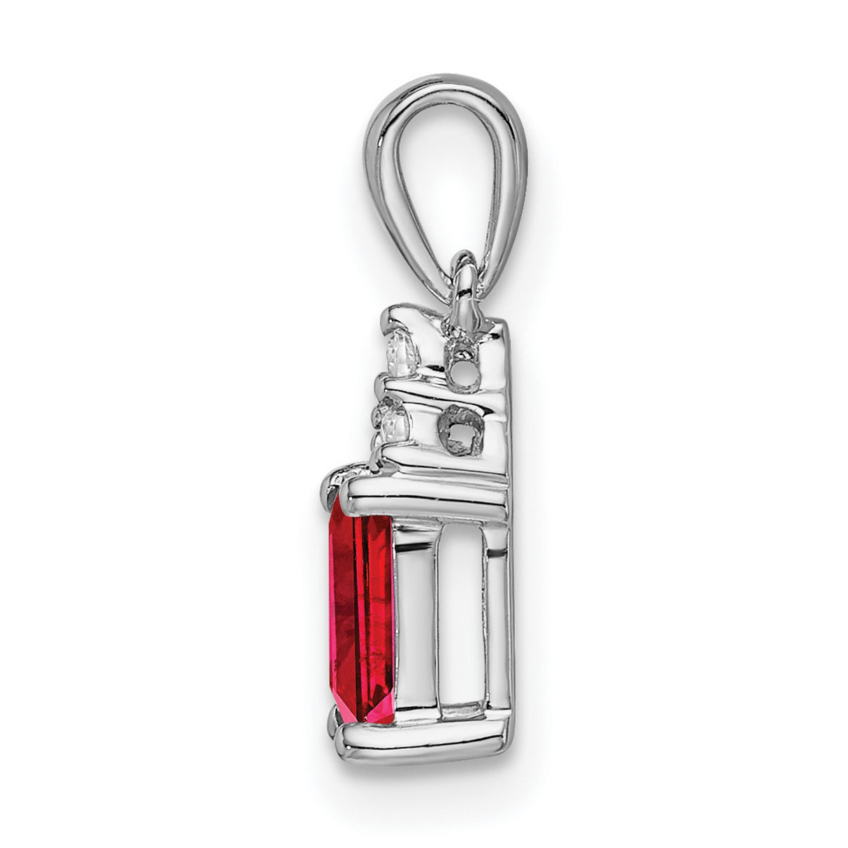 14k White Gold Pendant with Emerald Cut Ruby, Diamond Accents, Triangle Cluster Design