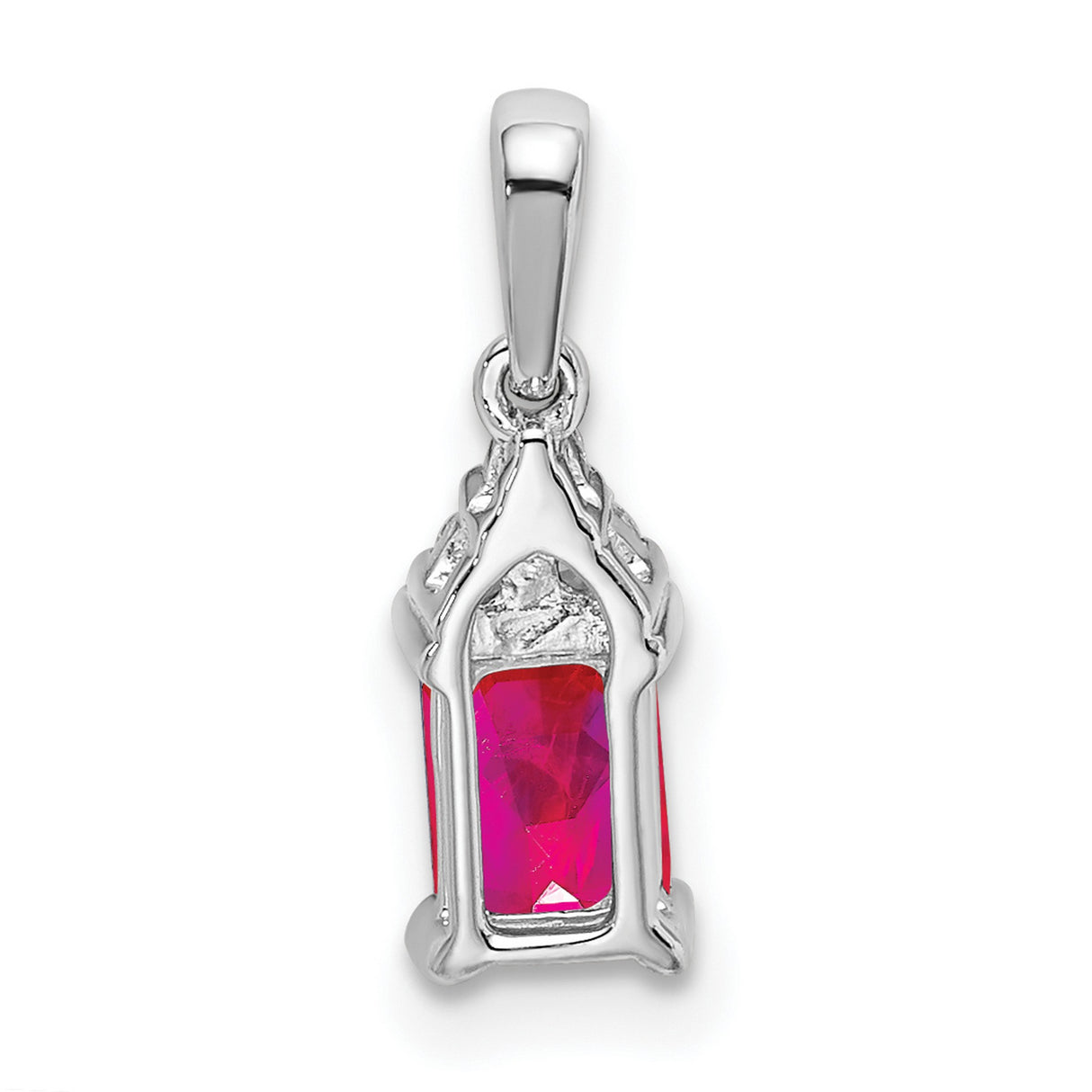 14k White Gold Pendant with Emerald Cut Ruby, Diamond Accents, Triangle Cluster Design