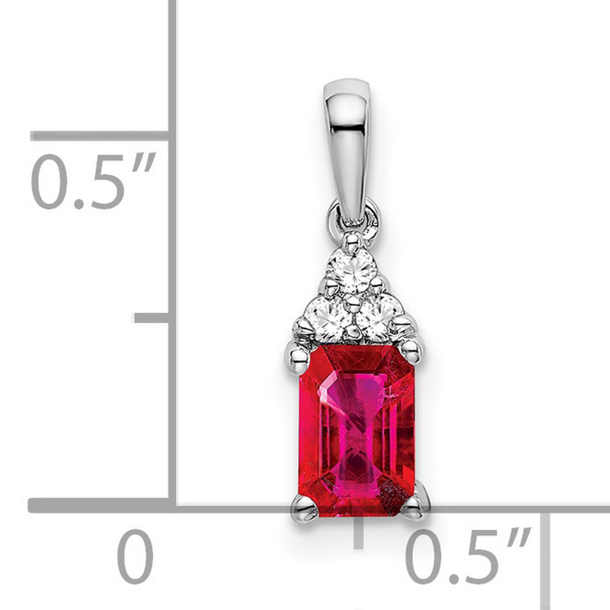 14k White Gold Pendant with Emerald Cut Ruby, Diamond Accents, Triangle Cluster Design