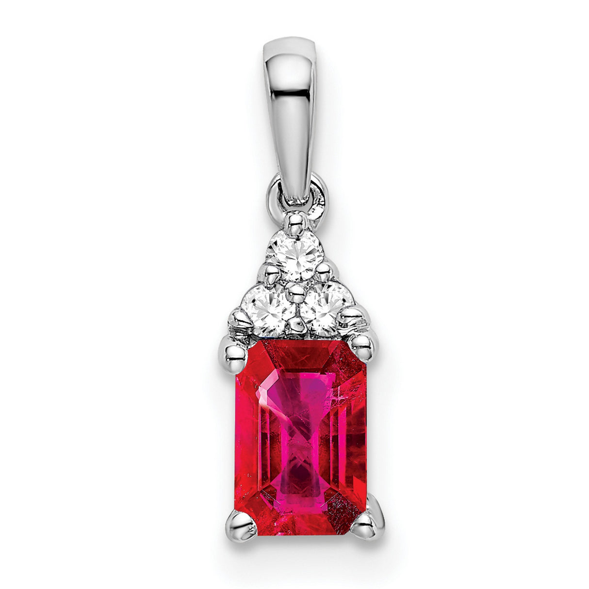 14k White Gold Pendant with Emerald Cut Ruby, Diamond Accents, Triangle Cluster Design