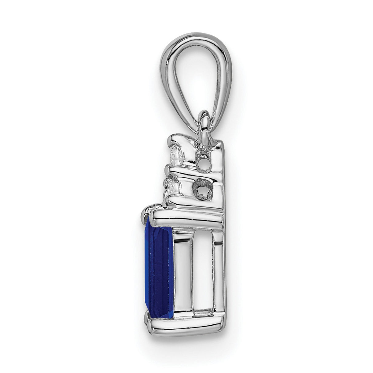 14k White Gold Pendant with Emerald Cut Blue Sapphire and Diamond Accents, Modern Style