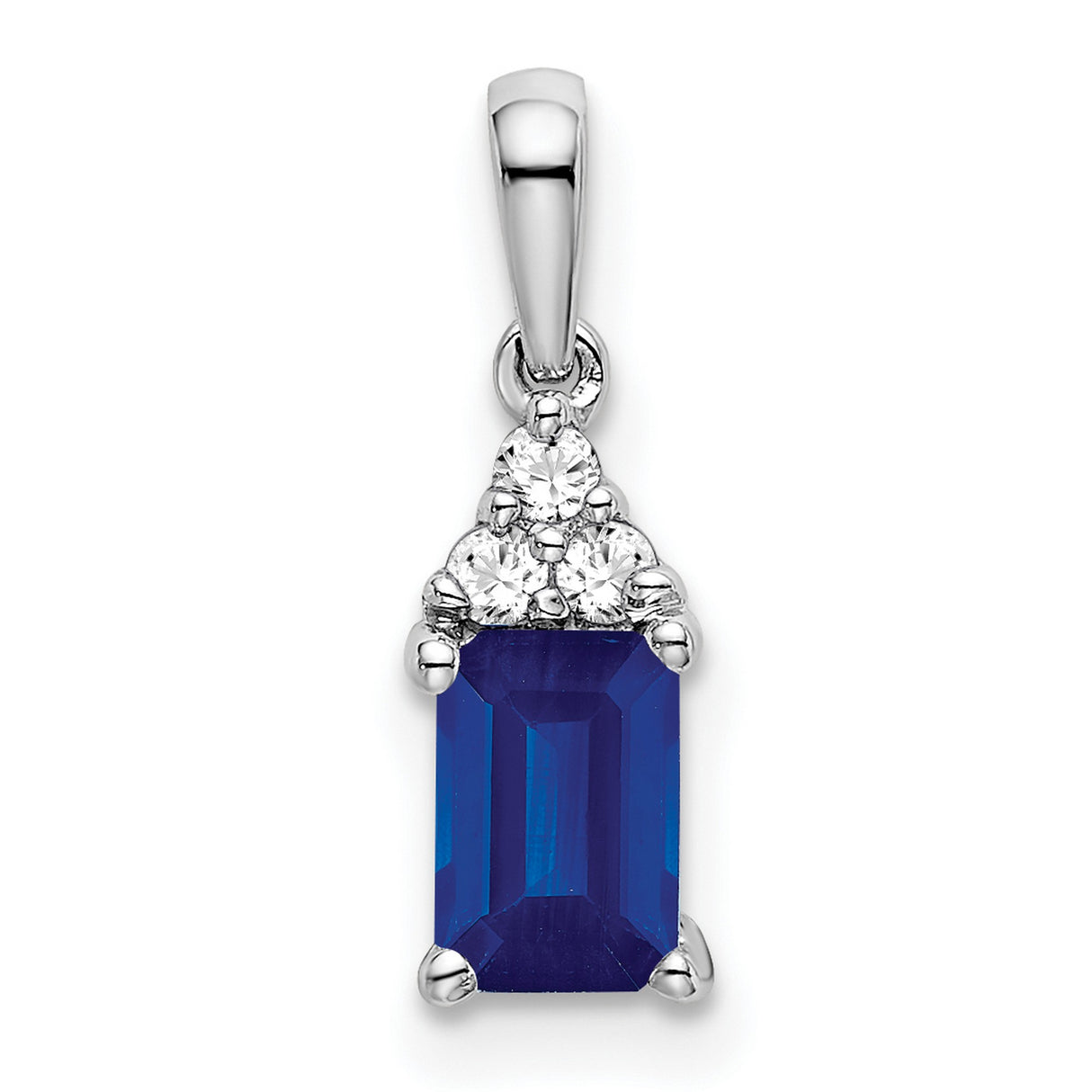 14k White Gold Pendant with Emerald Cut Blue Sapphire and Diamond Accents, Modern Style