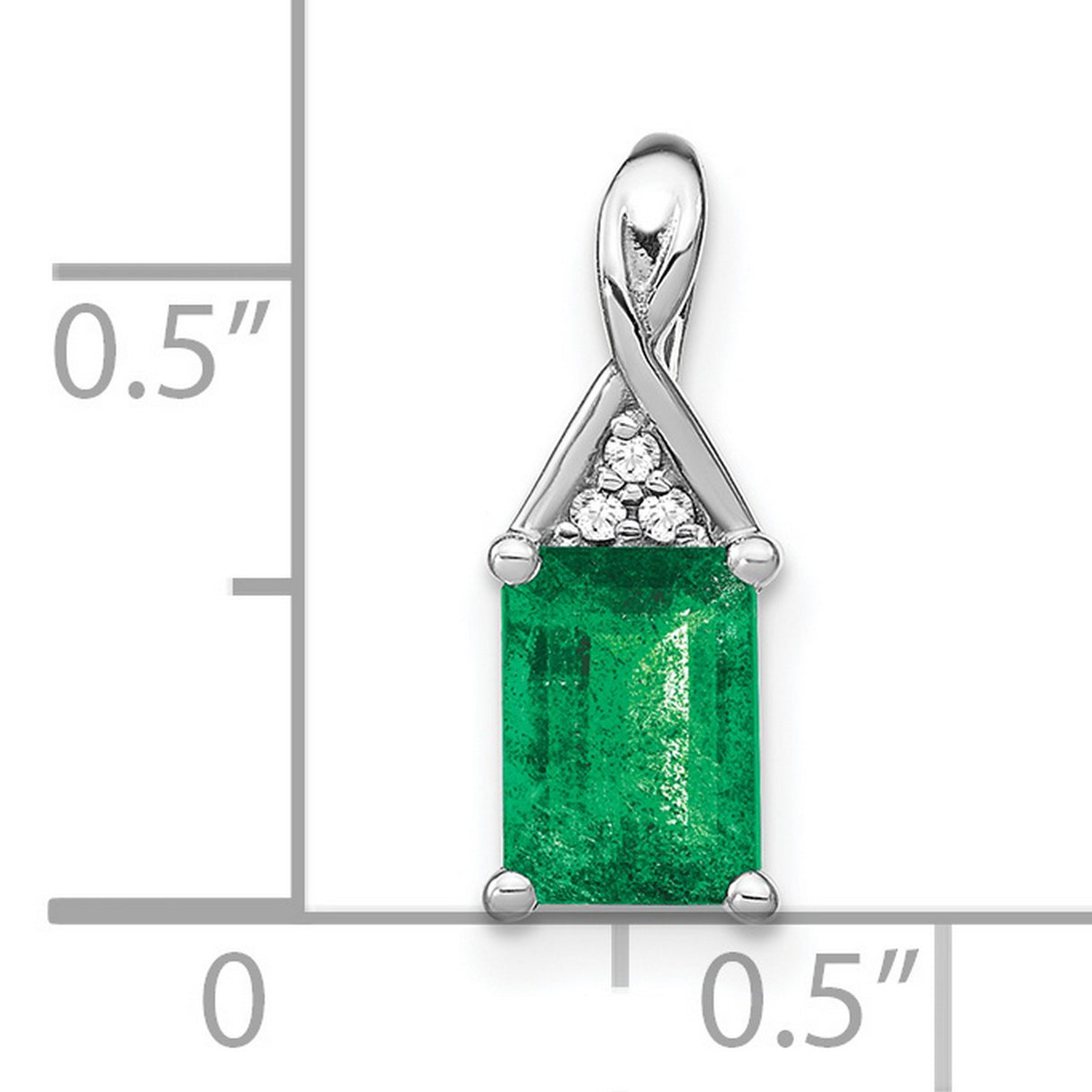 14k White Gold Pendant with Emerald Cut Green Emerald and Three Diamonds, Minimalist Design