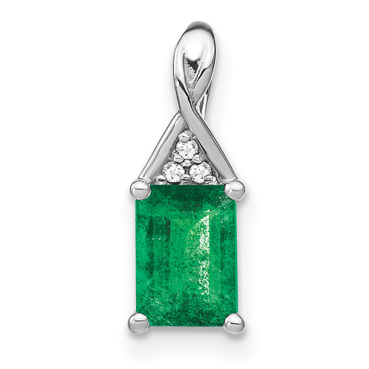 14k White Gold Pendant with Emerald Cut Green Emerald and Three Diamonds, Minimalist Design