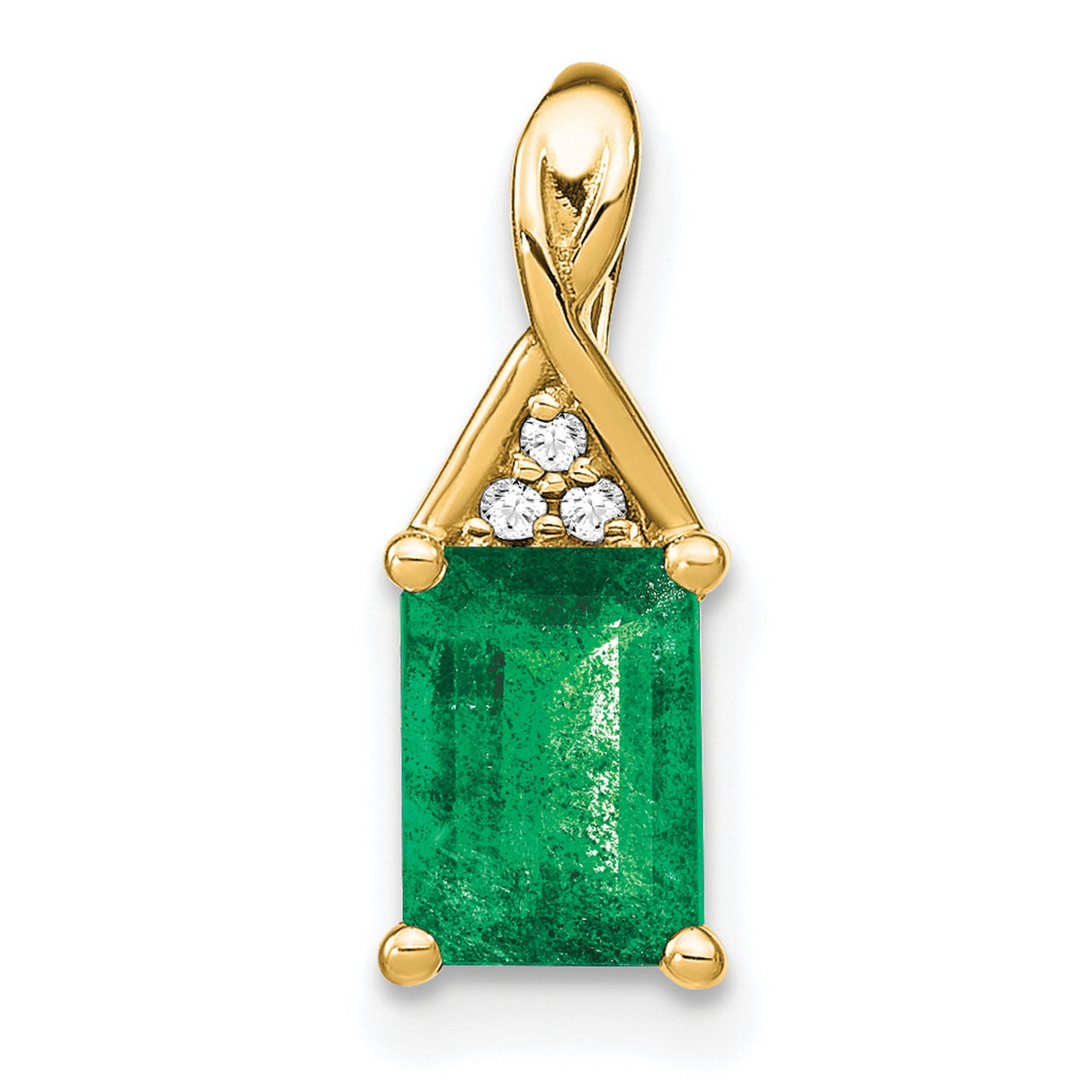 Rectangle Emerald and Diamond Charm Pendant in Real 14k Yellow Gold