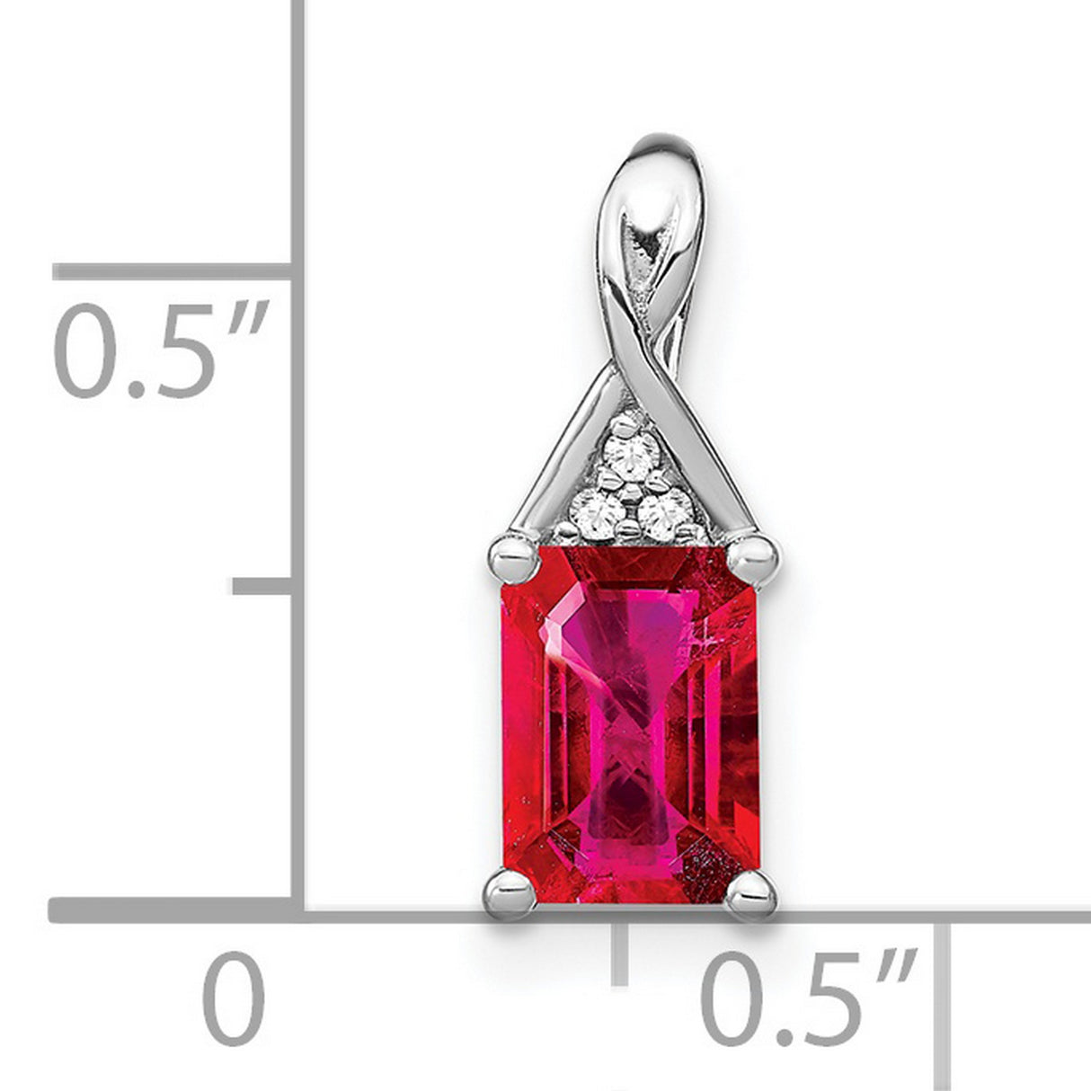 14k White Gold Pendant with Emerald Cut Ruby and Diamond Accents, Twisted Bail Design