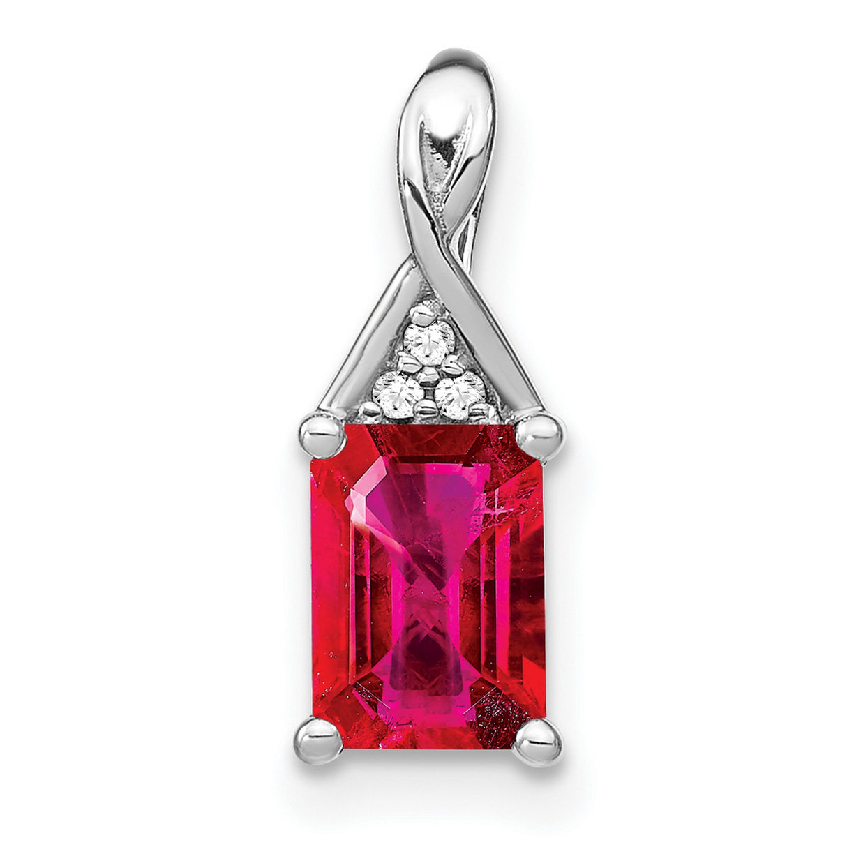 14k White Gold Pendant with Emerald Cut Ruby and Diamond Accents, Twisted Bail Design