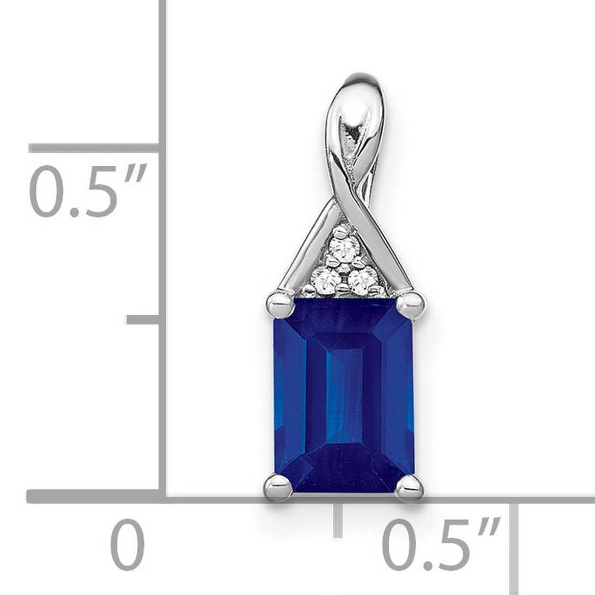 14k White Gold Pendant with Emerald Cut Blue Sapphire and Diamond Accents