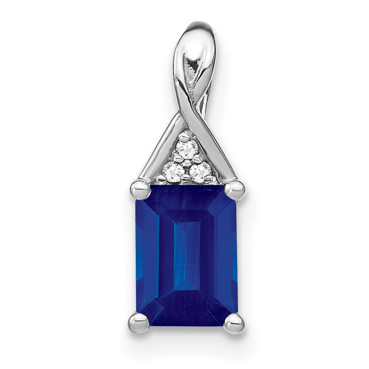 14k White Gold Pendant with Emerald Cut Blue Sapphire and Diamond Accents