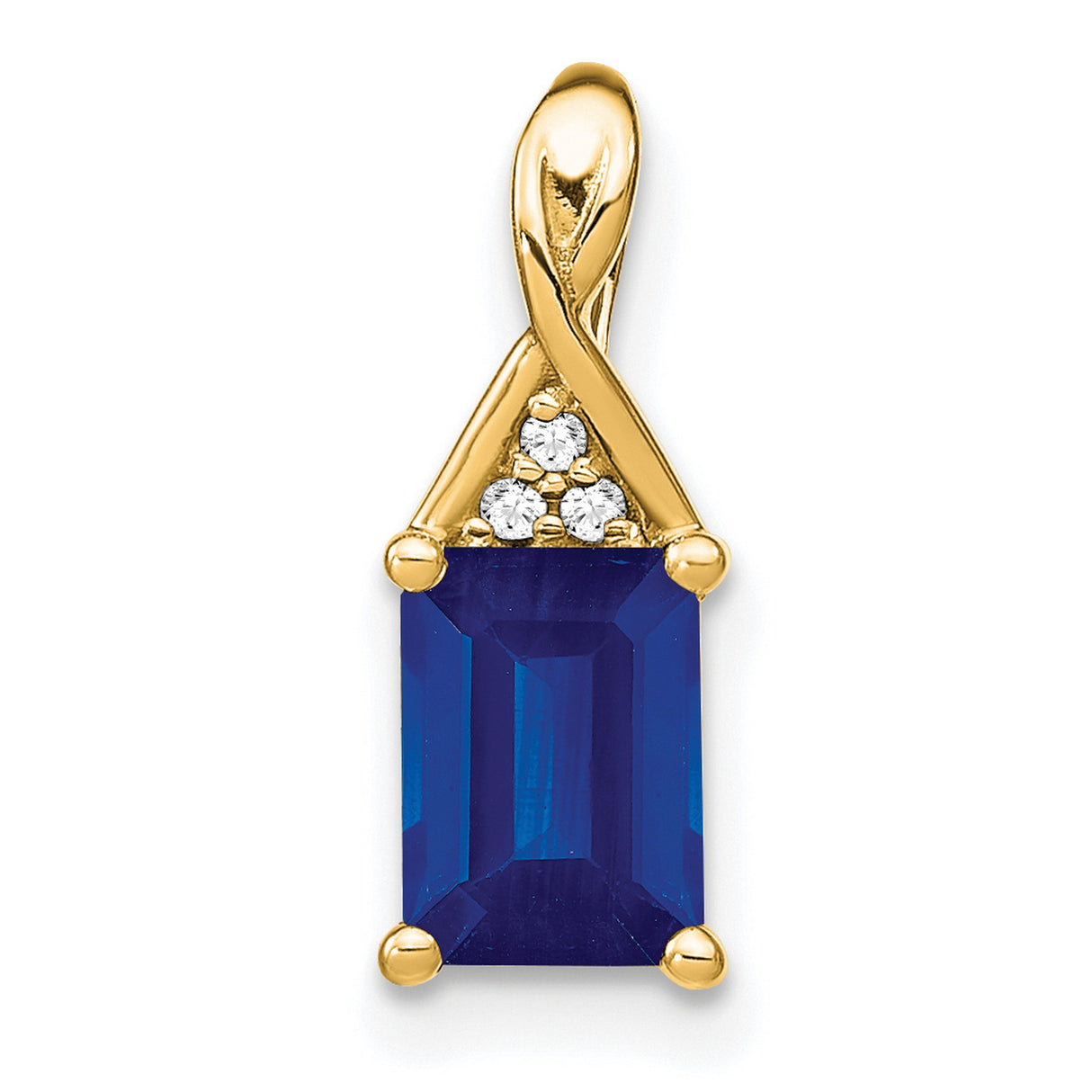 14k Yellow Gold Pendant with Emerald Cut Sapphire and Diamond Accents in Triangle Setting
