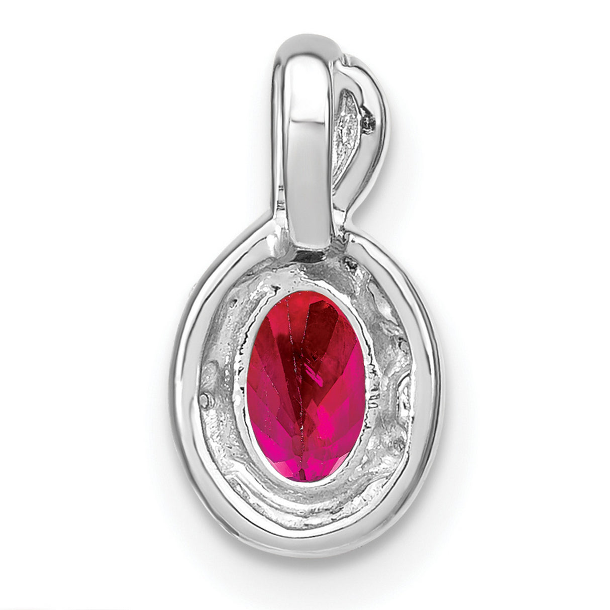 14k White Gold Ruby Pendant with Diamond Halo, Infinity Swirl Design