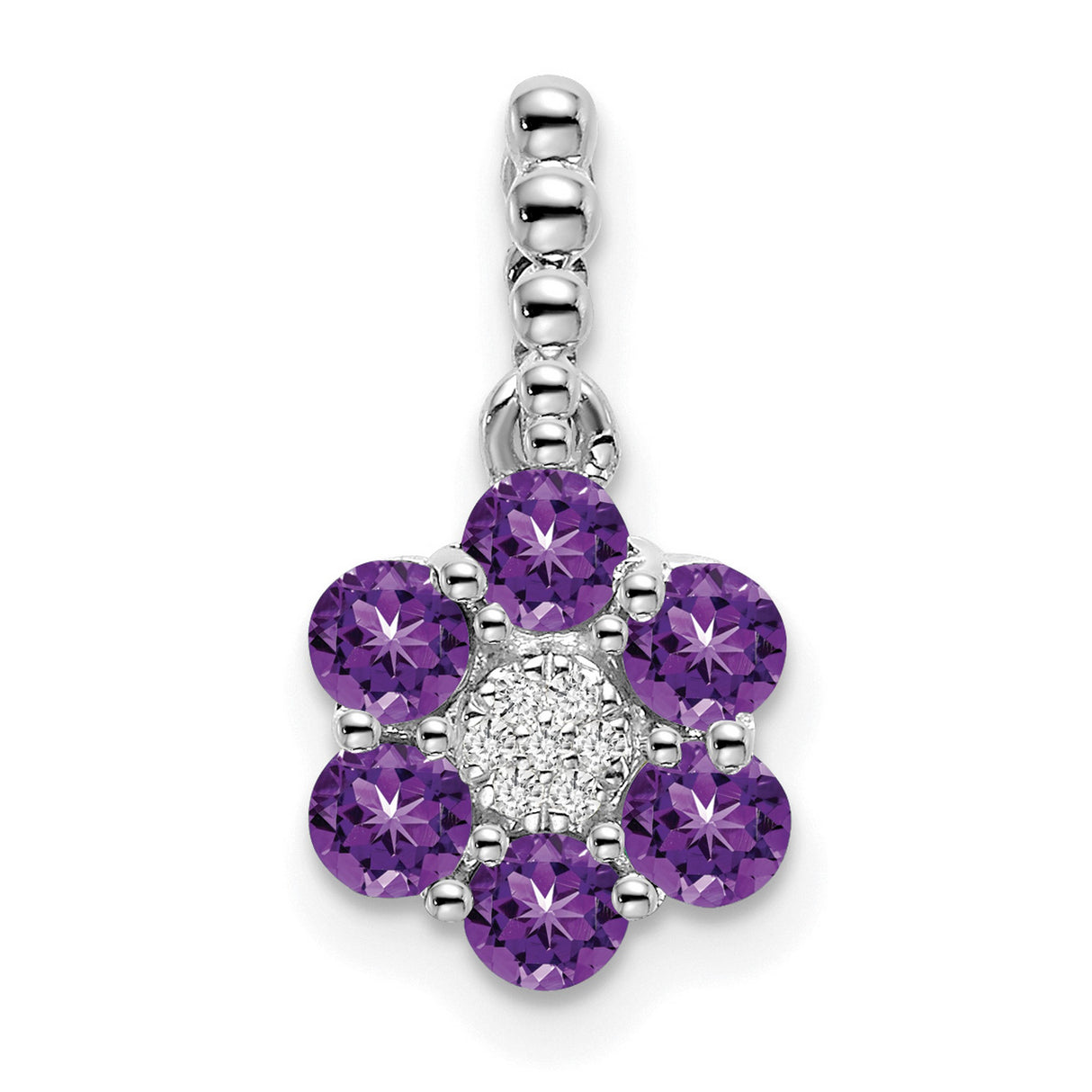 Amethyst and Diamond Floral Charm Pendant in Real 14k White Gold