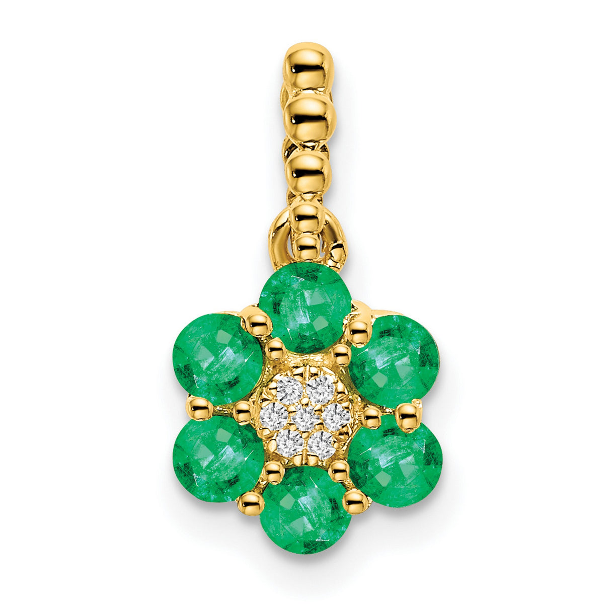 14k Yellow Gold Pendant with Emerald Flower and Diamond Cluster Center