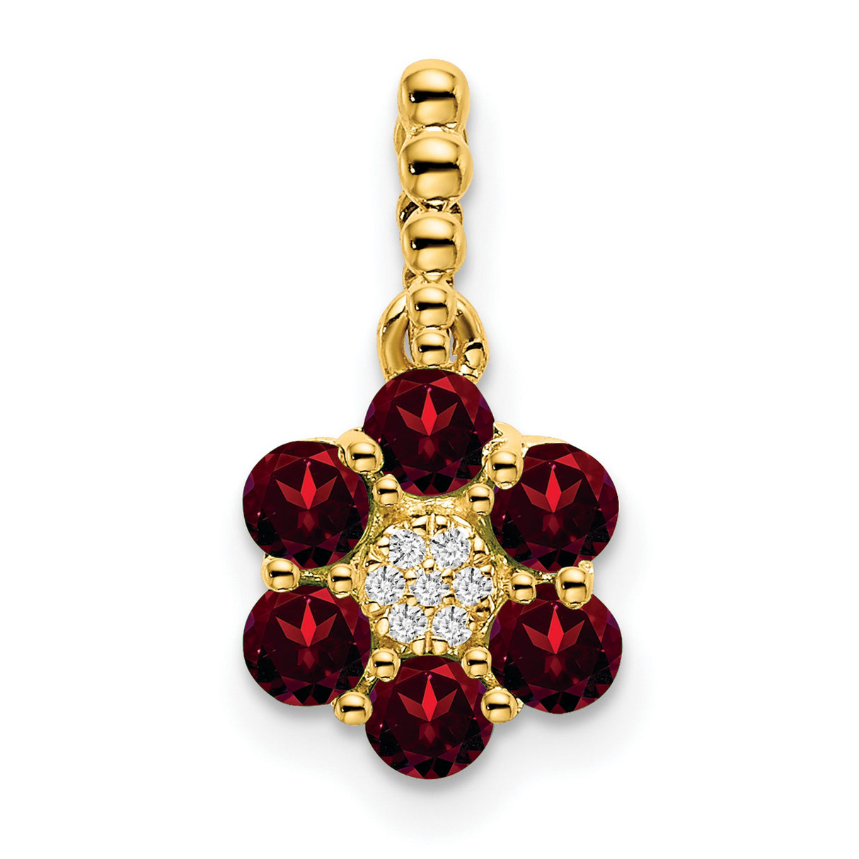 Garnet and Diamond Floral Charm Pendant in Real 14k Yellow Gold