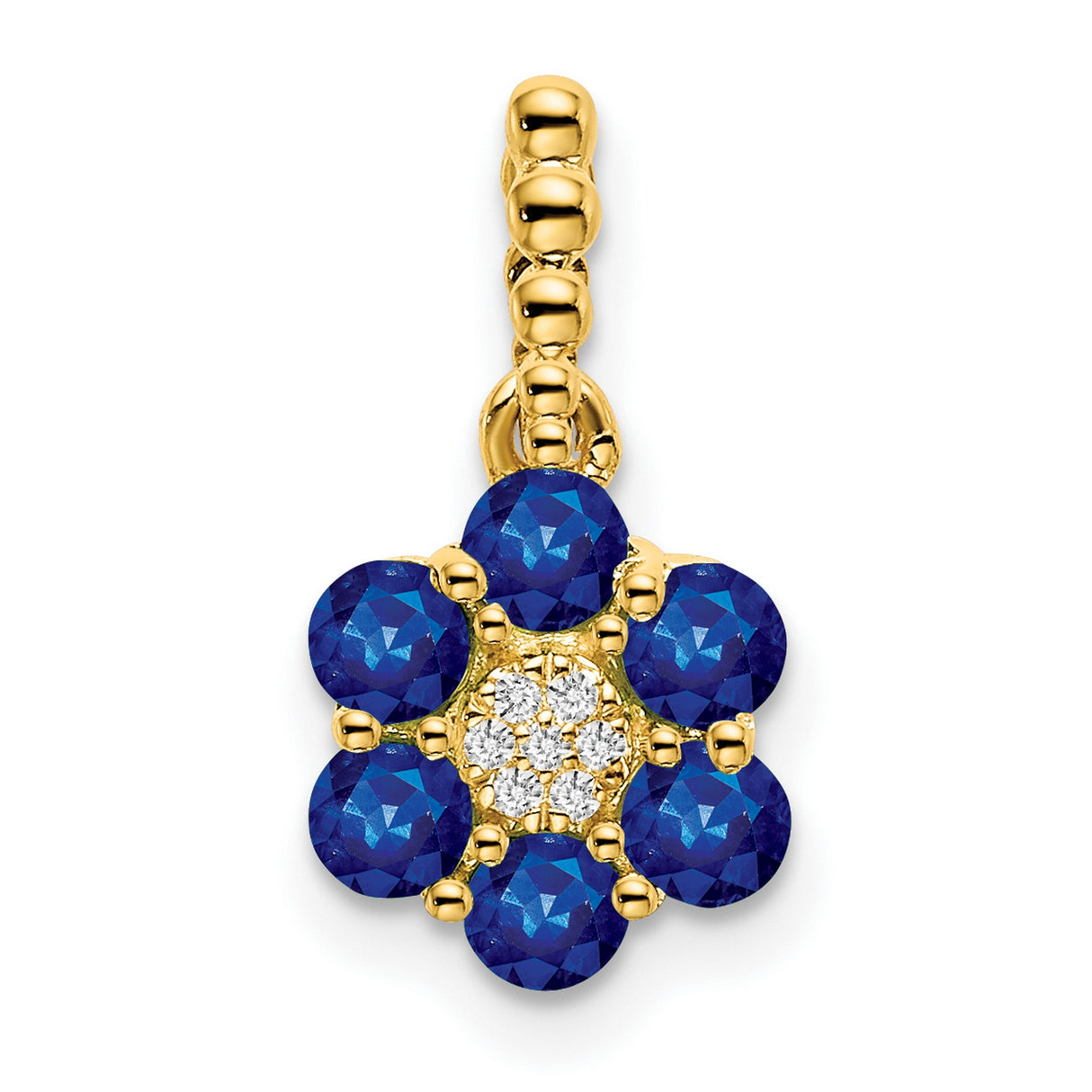 14k Yellow Gold Flower Pendant with Blue Sapphires and Diamond Cluster