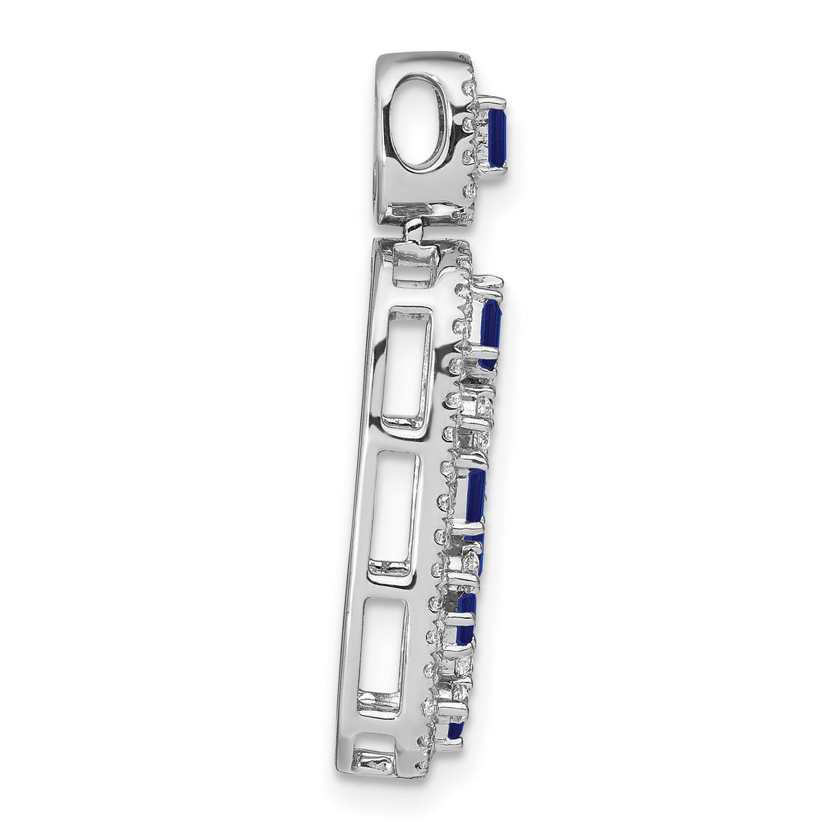 14k White Gold Pendant with Baguette Blue Sapphires and Round Diamonds, Modern Design