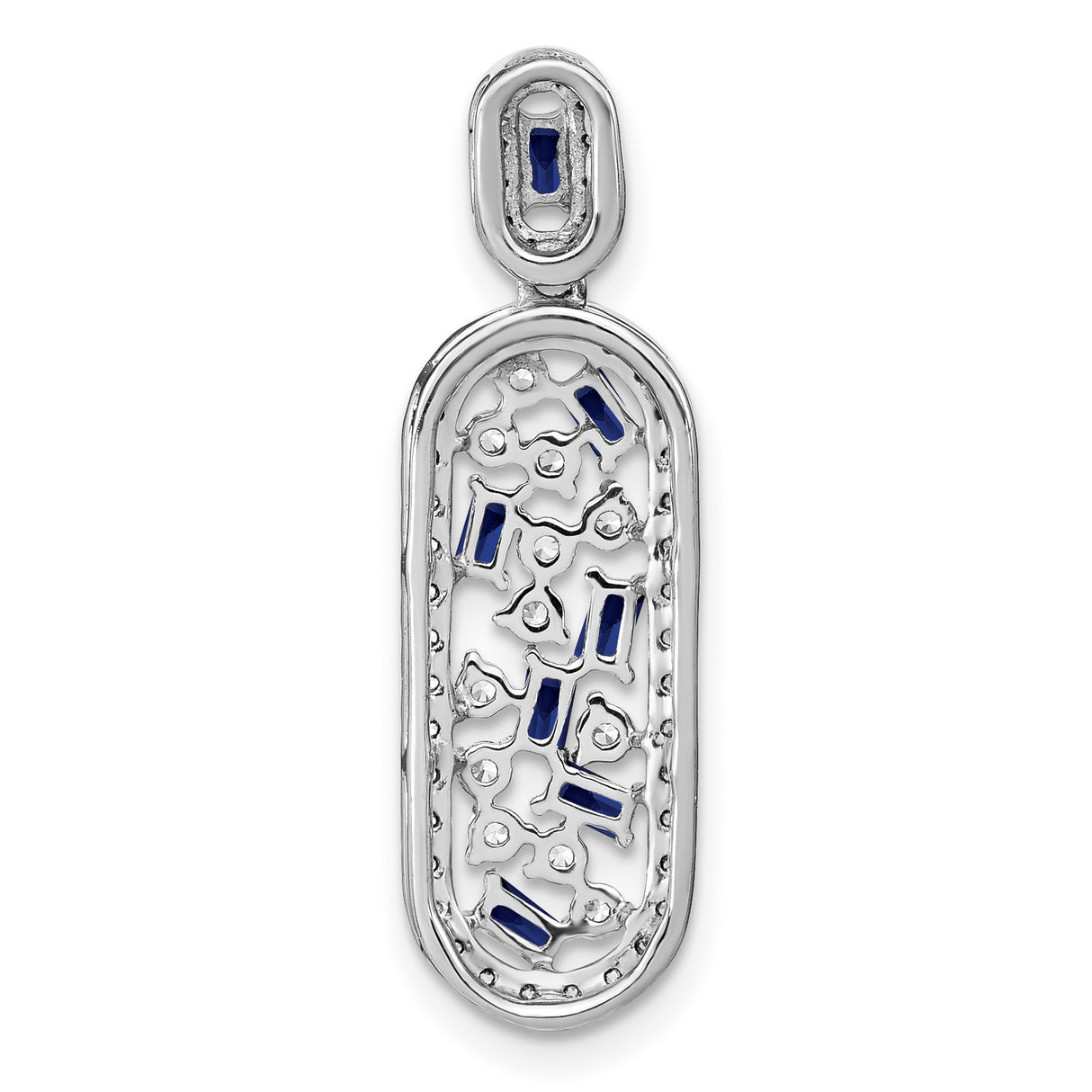 14k White Gold Pendant with Baguette Blue Sapphires and Round Diamonds, Modern Design
