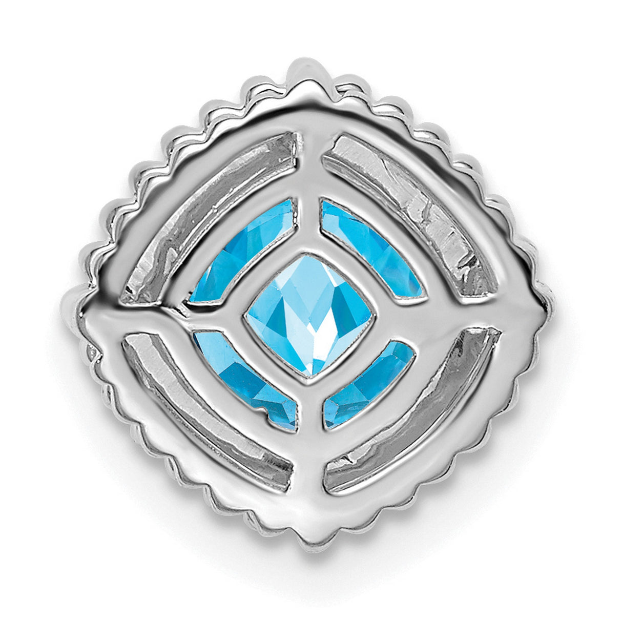 14k White Gold Blue Topaz Cushion Cut Pendant with Beaded Border and Minimal Chain