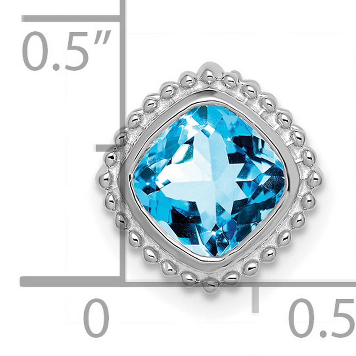 14k White Gold Blue Topaz Cushion Cut Pendant with Beaded Border and Minimal Chain