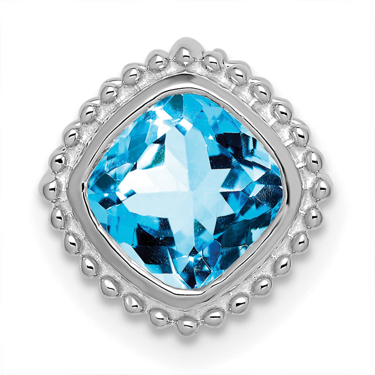 14k White Gold Blue Topaz Cushion Cut Pendant with Beaded Border and Minimal Chain