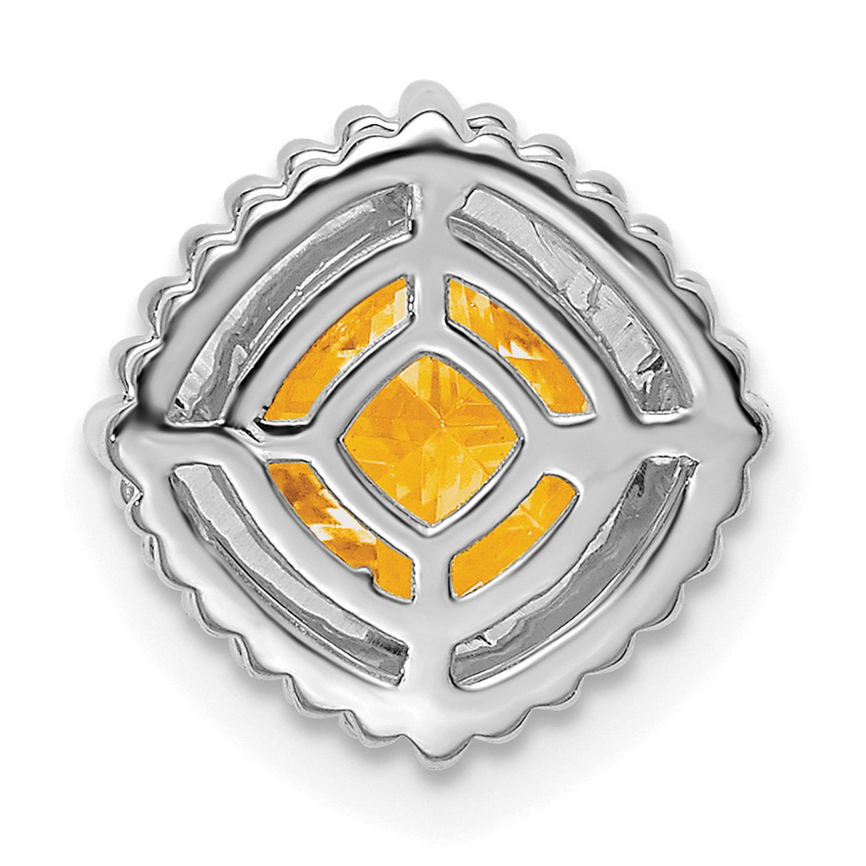 14k White Gold Cushion-Cut Citrine Charm Pendant, Starburst Motif with Beaded Frame
