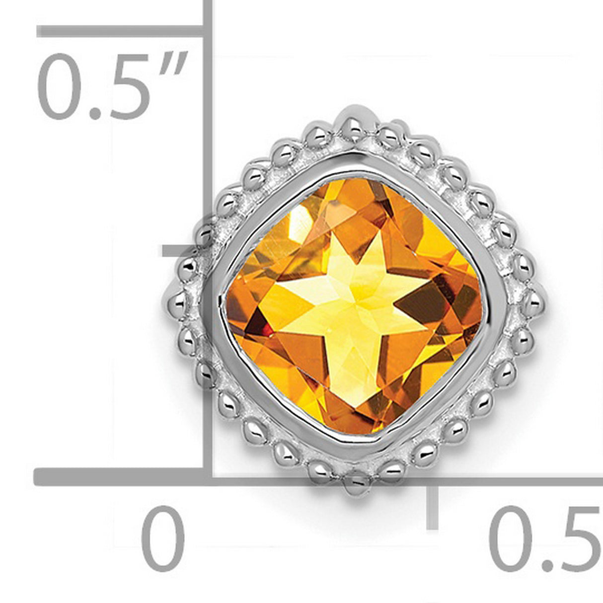 14k White Gold Cushion-Cut Citrine Charm Pendant, Starburst Motif with Beaded Frame